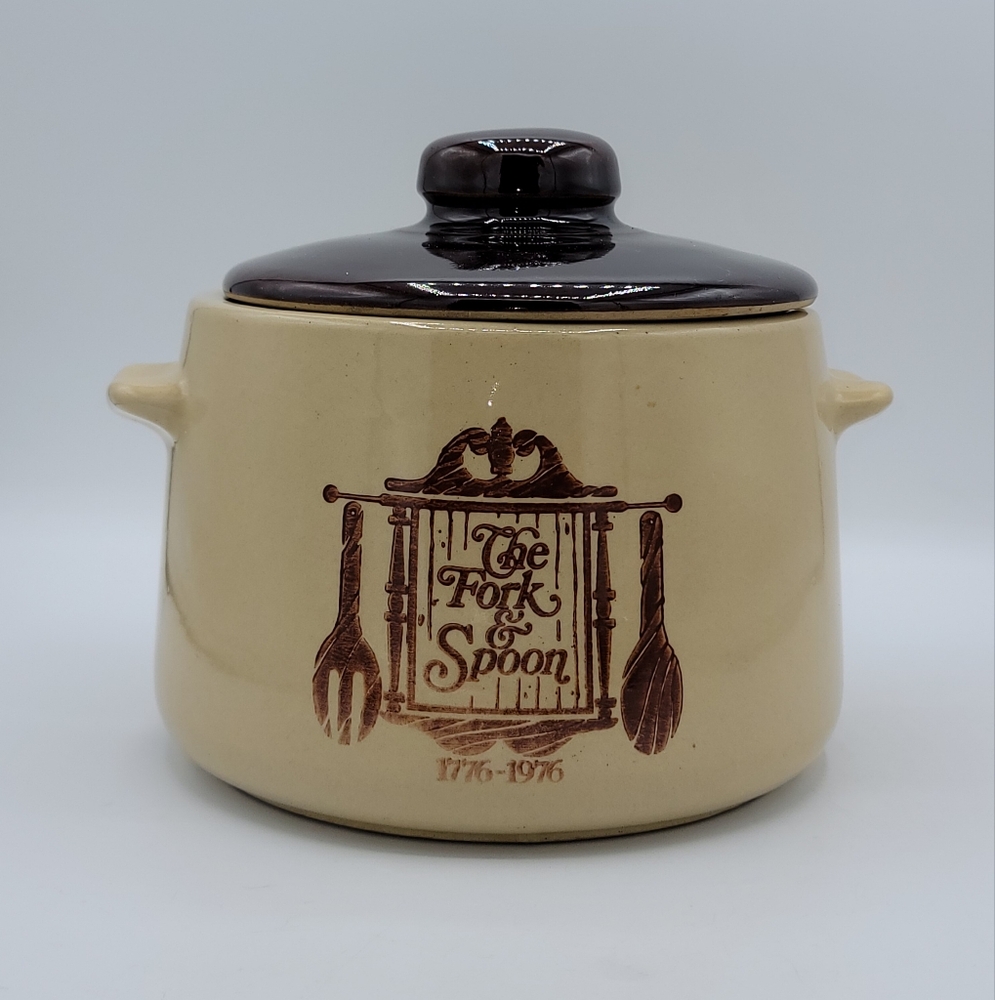 Westbend Bean Pot 1976 Bicentennial Fork & Spoon Crock Brown Drip Glaze USA Vint